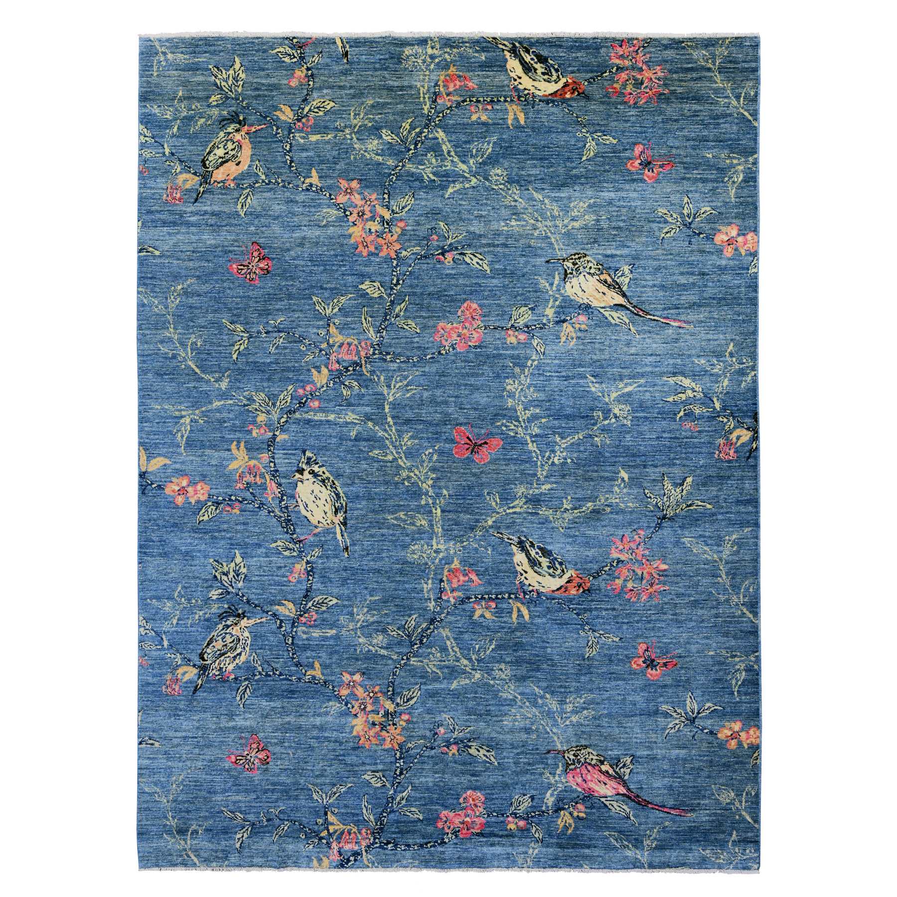 9'2"x11'10" Bayern Blue, Sparrows on the Tree, Peshawar, 100% Wool, Soft Pile, Lush and Plush, Hand Knotted, Oriental Rug 